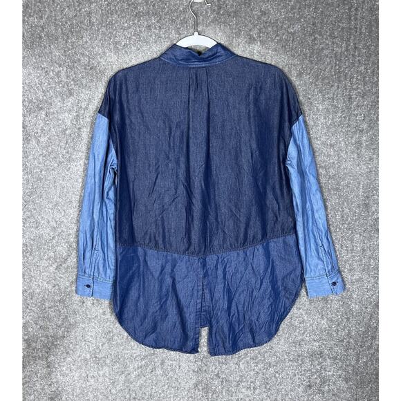 ana A New Approach Chambray‎ Patchwork Button Up Top Womens Size Small Blue - Picture 2 of 6